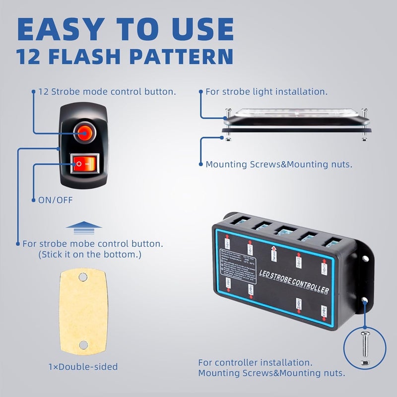 PKINGLAKE 8pcs Sync Feature Emergency Strobe Grille Lights LED Ultra Slim Surface Mount Flashing Hazard Warning Light Bar with Controller for Firefighter/Construction/Trucks/Vehicles/Car (Amber) - Image 5